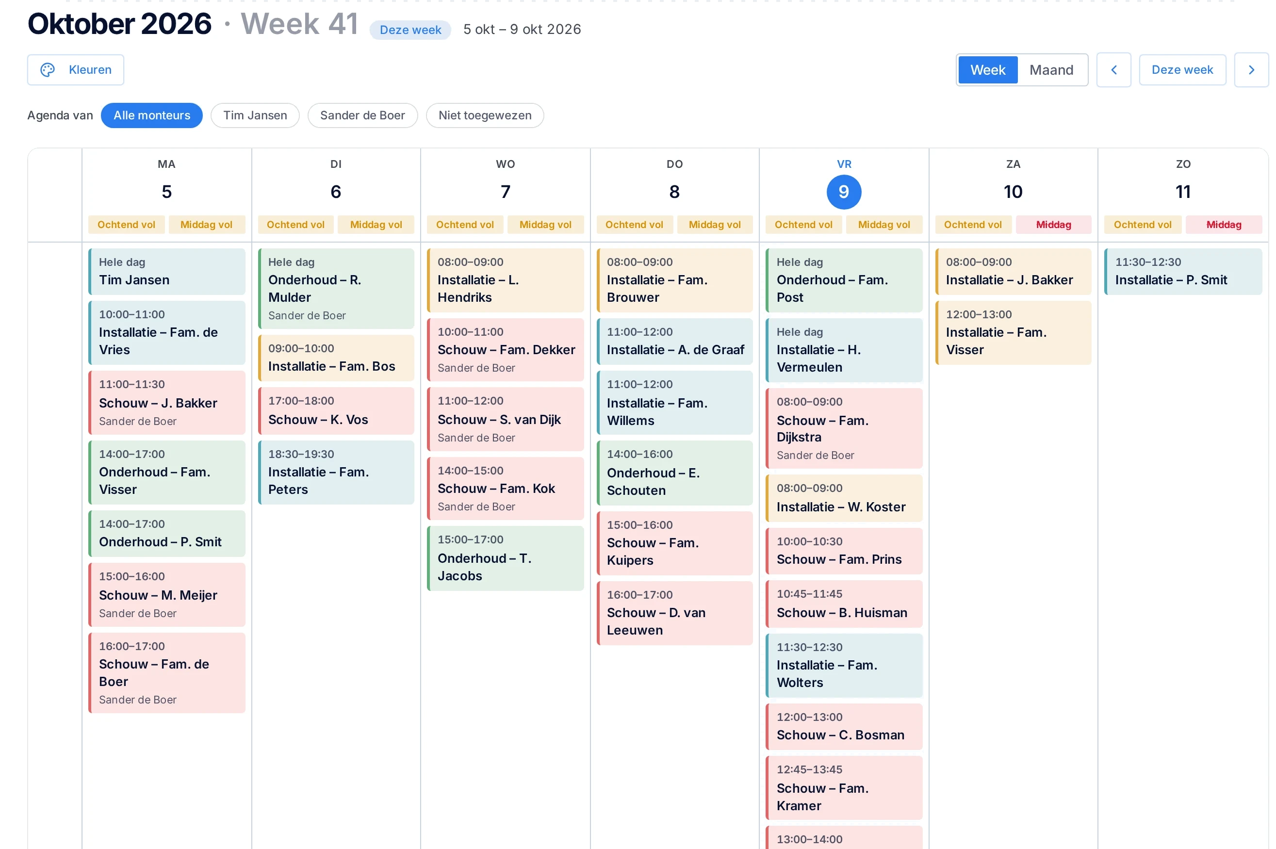 Jobora planning met afspraken per monteur