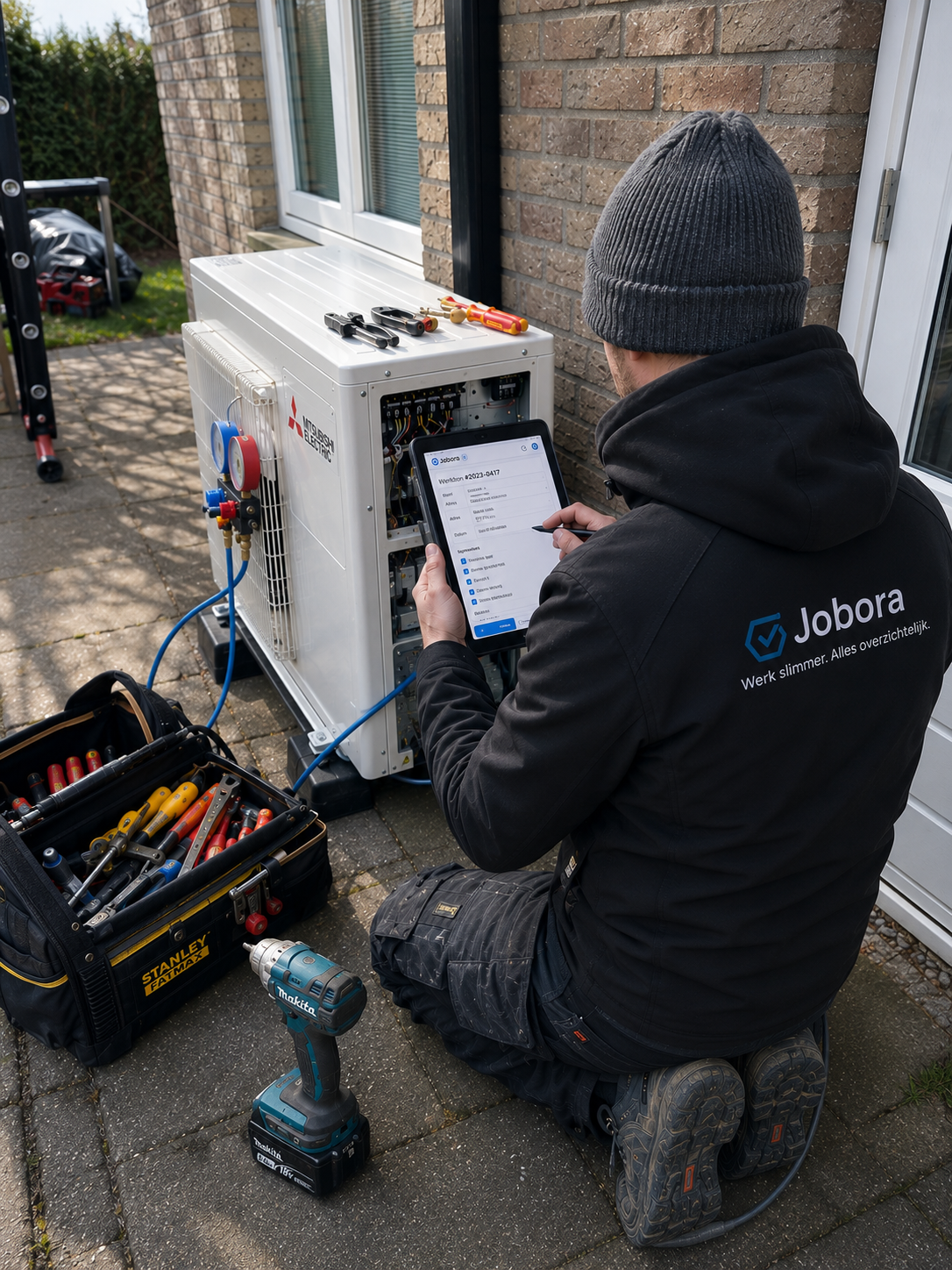 Aircomonteur die Jobora gebruikt op tablet